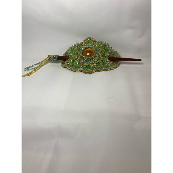 Handmade Beaded Ponytail Hair Accessory Green/Multi Tone Ponytail Beaded BoHo - Picture 4 of 5